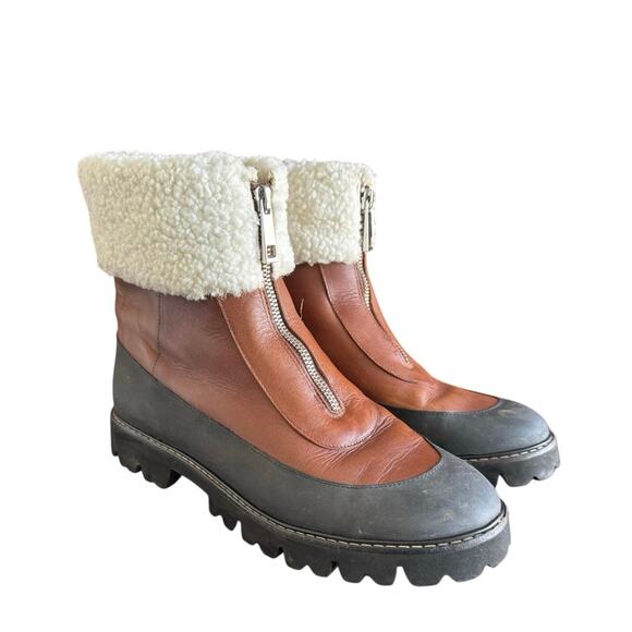 J. Crew Gwen Lug Faux Fur Trim Leather Boots Brown Zip Front Treated Womens 10.5 - Picture 1 of 8